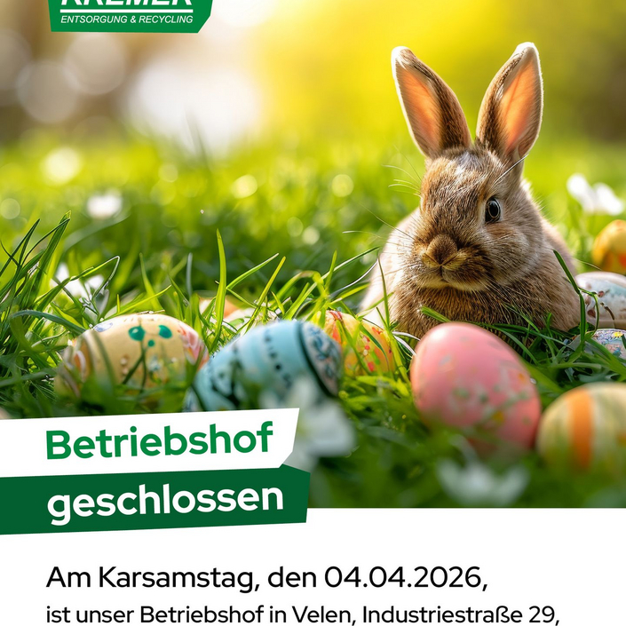 🚨 Info für alle 🚨
Am Samstag, den 04.04.2026 bleibt der Betriebshof von Kremer in Velen aufgrund von Karsamstag... 🚨 Info für alle 🚨
Am Samstag, den 04.04.2026 bleibt der Betriebshof von Kremer in Velen aufgrund von Karsamstag...